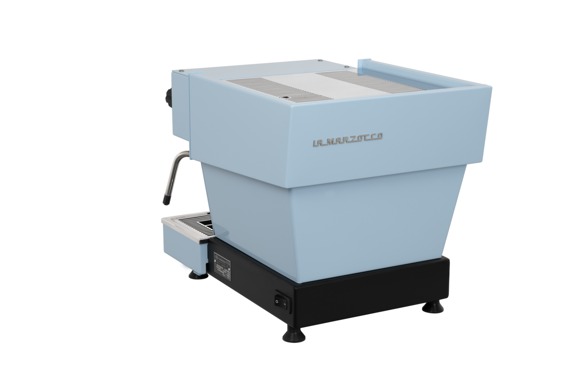 La Marzocco Linea Mini R bleu clair – vue trois-quarts arrière